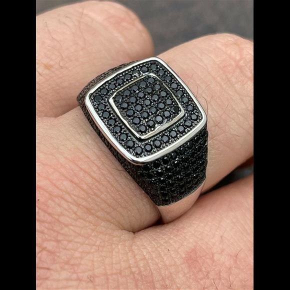 Mens Real Solid 925 Sterling Silver Oxidized Ring Black Diamond Iced Hip Hop